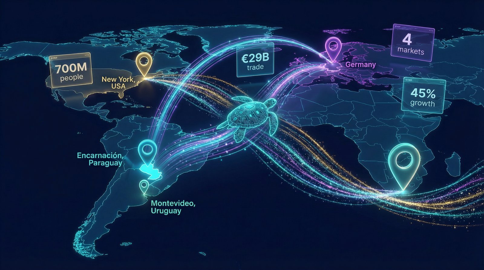 Mapa mundial MZCEO — Corredor Mercosur UE con Encarnación Paraguay, Alemania, New York, Montevideo